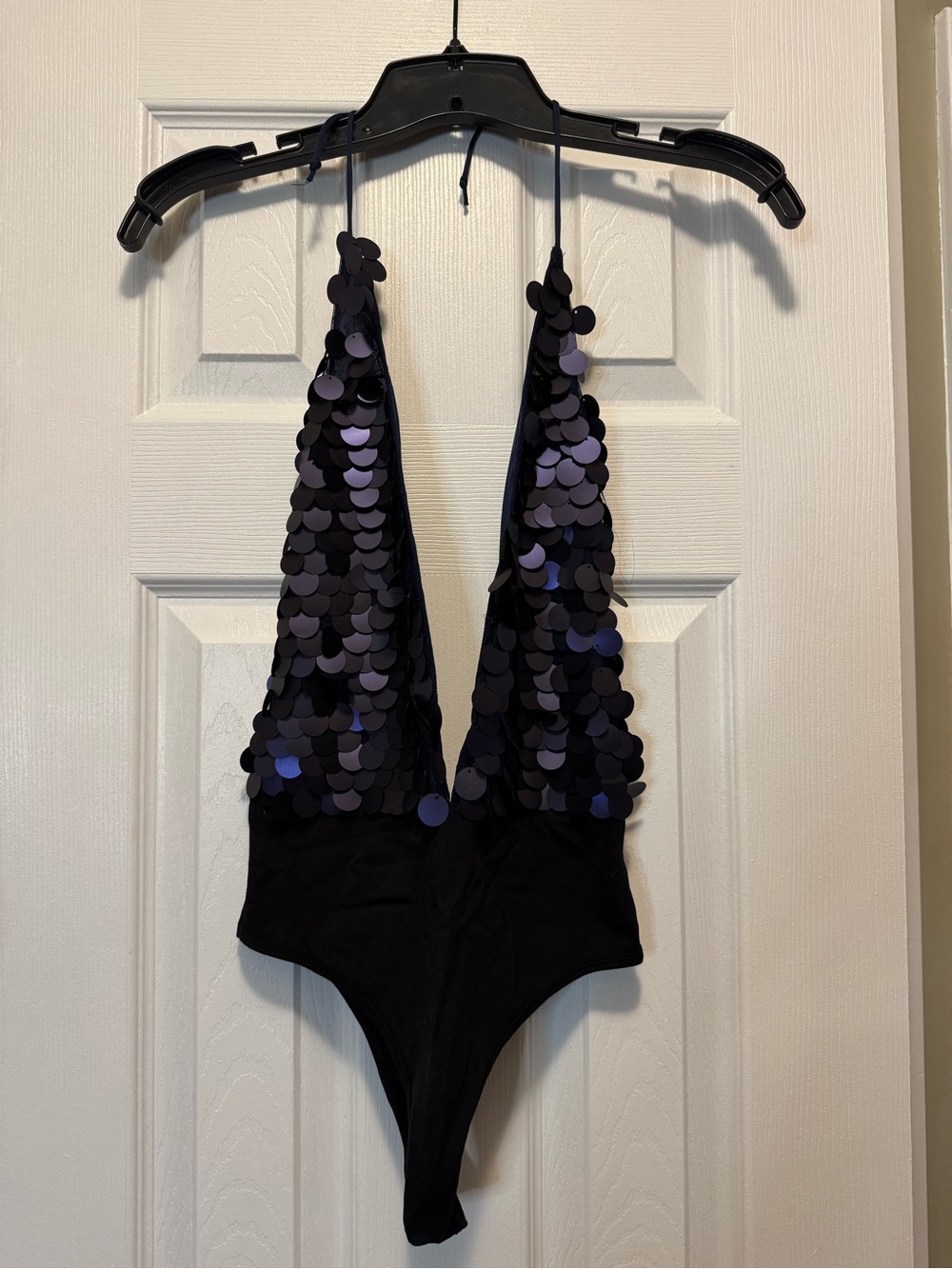 Urban Outfitters Motel Rocks Black and Navy Sequin Halter Bodysuit in Size Small